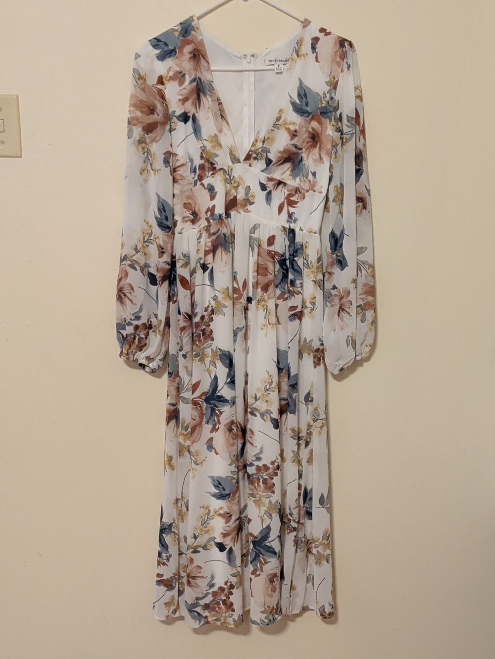 Floral V-Neck Long Sleeve Midi Dress - Cream with Green & Brown Florals